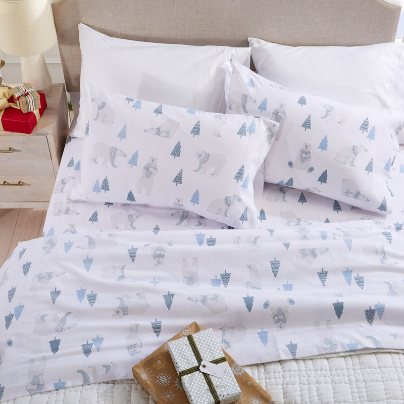 Full White Cotton Flannel Deep Pocket Sheet Set with Polar Bear Print