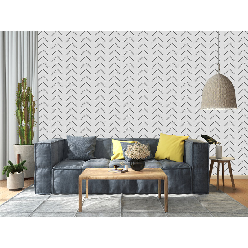 Papier peint à motif de chevrons gris sur fond blanc, L 115 po x l 225 po