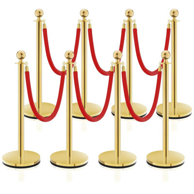 Gold Stainless Steel Stanchions Rope - Crowd Control Barriers with Red Carpet Safety Barrier, Velvet Ropes and Posts & Retractable Belts for Party Theater Hotel VIP Events, Weddings, Museums - Line Dividers in 8 Pcs Easy Connect Assembly