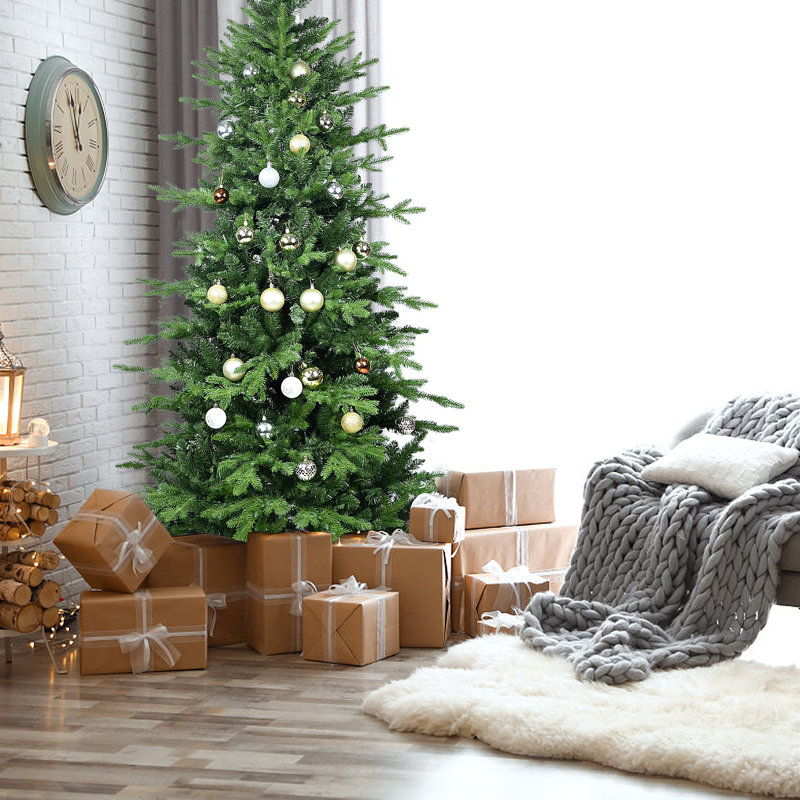 Arbre de Noël 6,5 pi en PVC + PE avec 2142 pointes - Arbre à charnières plein et luxuriant avec support en métal, assemblage facile, conception d'aiguille mixte réaliste