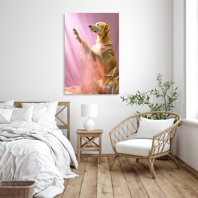 «Dog with Pink Fabrics» - Reproduction d'art graphique sur toile tendue 1 pièce, H 36 po x l 24 po x P 1,25 po