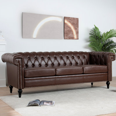 Dark Brown Square Arm 3 Seater , 81.22 Inch Width, Removable Cushions, Elegant Appeal For With Arms, Pu Leather, Relaxing Ambiance