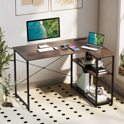 L-Shaped Desk With Power Outlet Home Office Computer Desk With Reversible Shelves-White