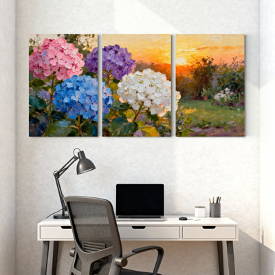 Ensemble de 3 tableaux muraux sur toile à motifs floraux d'hortensias, pour salon, chambre à coucher et décoration intérieure.