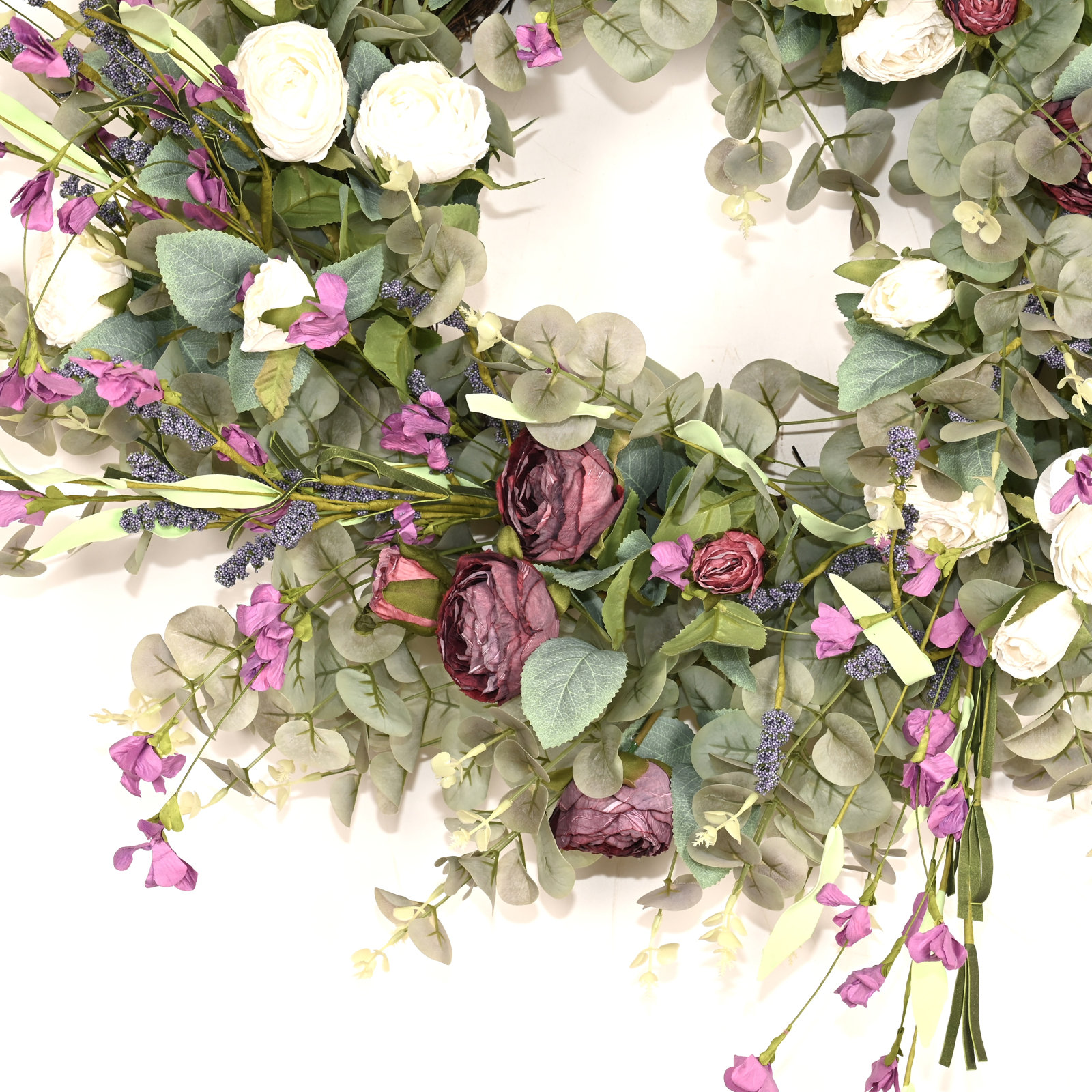 26" Handcrafted Eucalyptus Rose No Holiday Wreath, Green/Purple/White