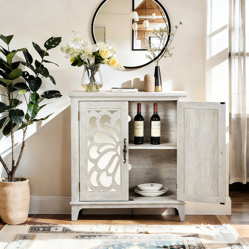 Élégant buffet avec 2 portes en miroir, gris, design creux, grain de bois 3D, pour le hall d'entrée et le décor spacieux avec tablette réglable, espaces de cuisine