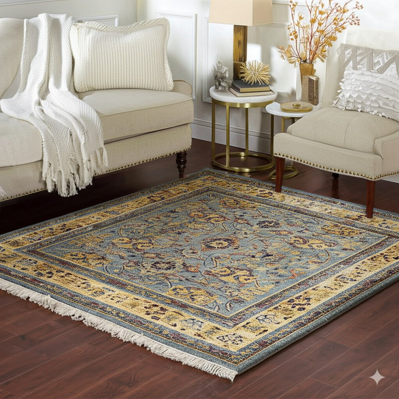 Tapis bleu noué à la main, Carré 9 pi x 9 pi