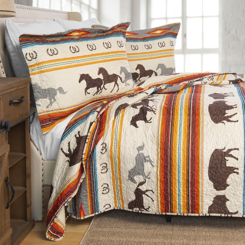 Western Stripe Brown Microfiber Queen Quilt Set