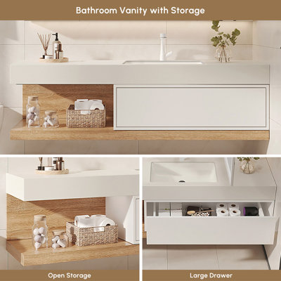 Ensemble de meuble-lavabo moderne flottant blanc et naturel avec lavabo 59 po