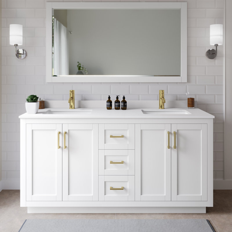 Meuble-lavabo double autoportant de 66 po avec plateau en marbre Miranda, Or, Blanc, Marbre de culture blanc