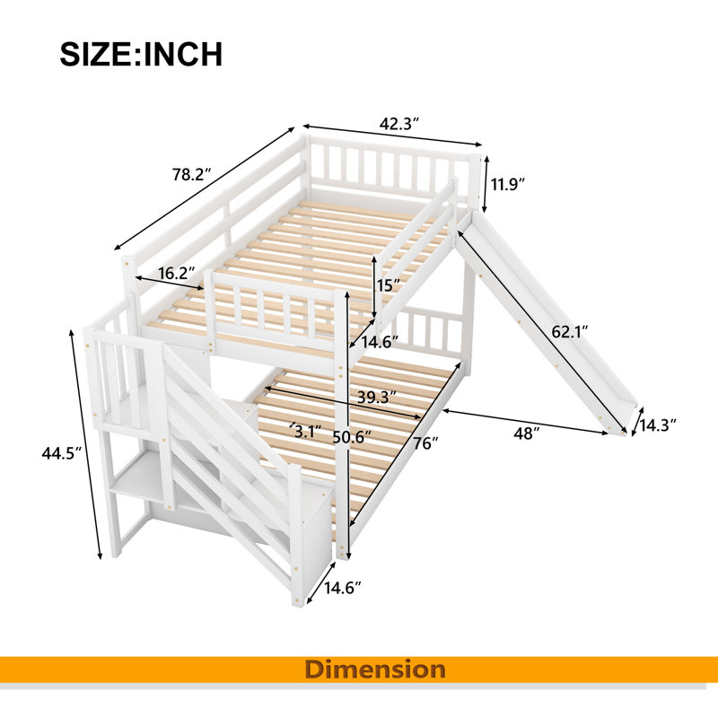 Lit superposé simple au-dessus de simple avec glissière convertible et escalier, Blanc