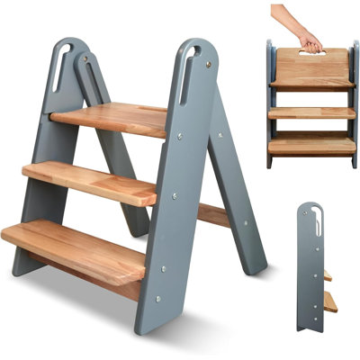 3 Step Stool For Toddler, Foldable Wooden Ladder With Handles For Kids 1-6 Years,Green