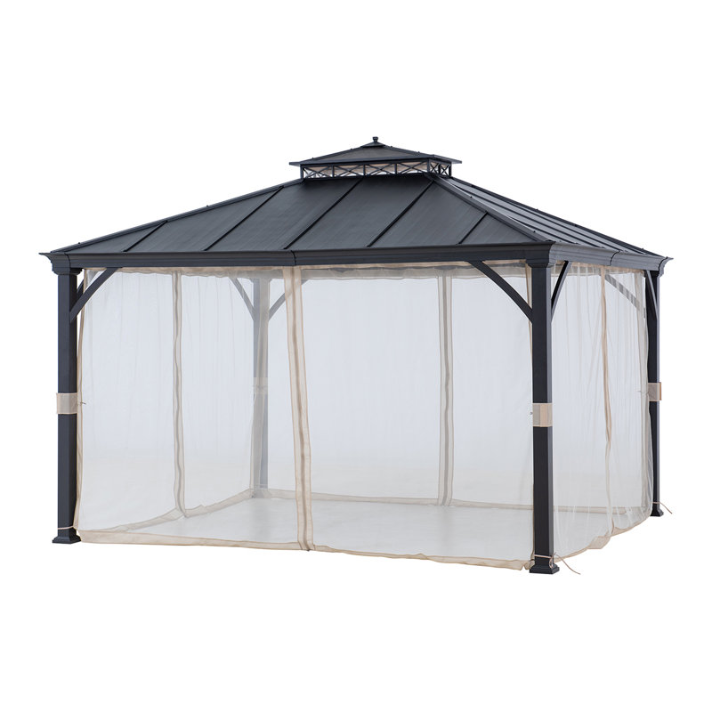 Sunjoy Hardtop Gazebo 11 x 13 ft. Outdoor Patio Black Metal Gazebo, Double Tiered Gazebo with Ceiling Hook and Mesh Netting