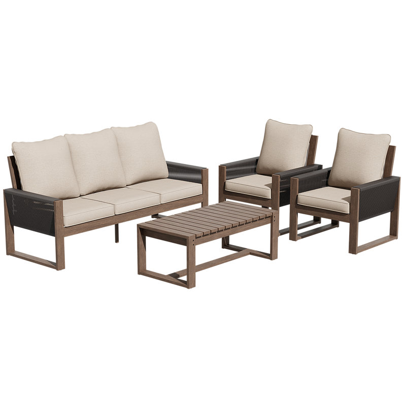 5-Person Patio Wooden Seating Group With Cushions, Beige