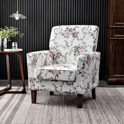 Patterned Polyester Blend Armchair, Solid Birch Wood Frame with Brown Tapered Legs, Foam Padded Accent Chair with Trim Detail for Living Room Office