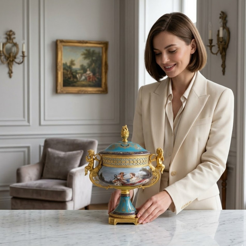 Pot de 14 po en porcelaine sarcelle et bronze rococo sarcelle, avec couvercle en bouquet de bronze et pieds sculptés - centre de table d'appoint de style rétro pour manteau de cheminée, tablette et table