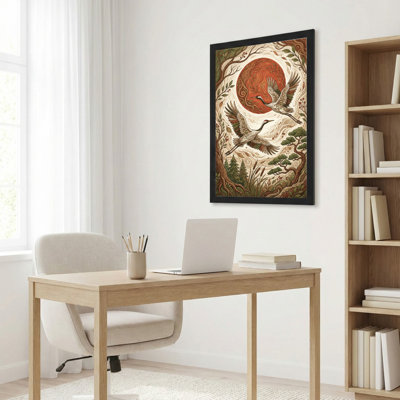 Toile noire encadrée en bois noir pour salon, chambre à coucher, bureau ou vestibule - décoration murale décorative avec oiseaux et lune