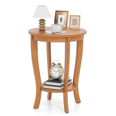 1 Pcs 2-tier End Table 18" Round Compact Sofa Side Nightstand With Storage Shelf Walnut