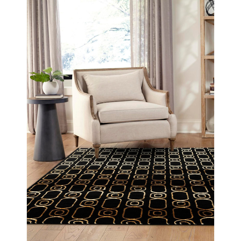 Tapis contemporain noir et doré Vincente, Carré 7 pi 10 po
