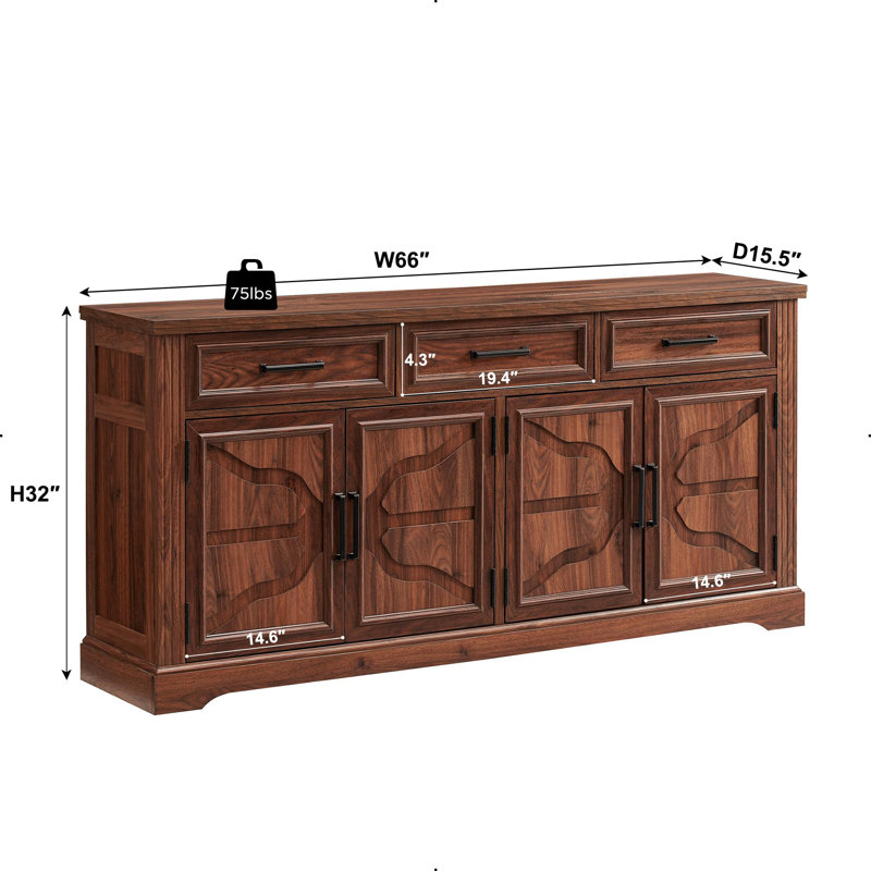Nayda 66" Wide 3 Drawer Sideboard Buffet, Farmhouse 4 Doors Credenza Storage Cabinets with Adjustable Shelves, Brown