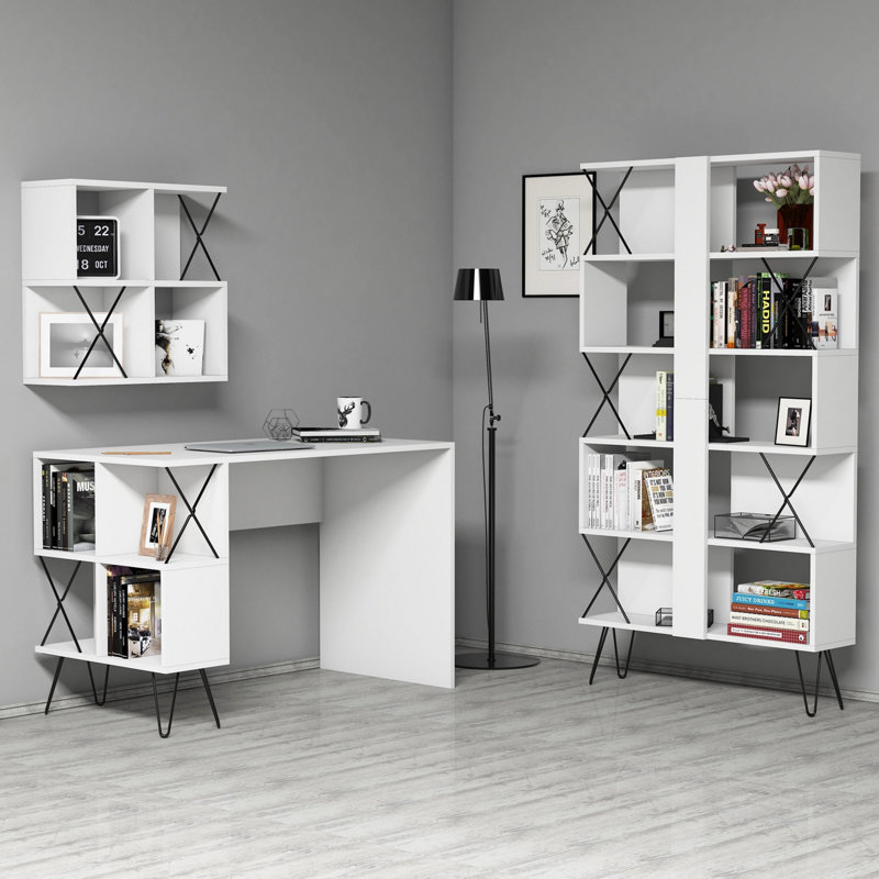 Janey 3 Piece Writing Desk Office Set, White