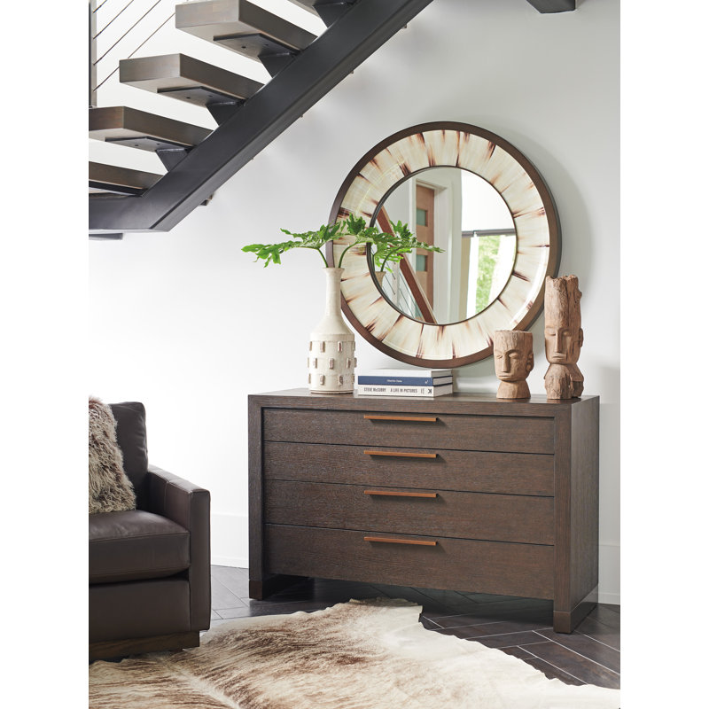 Park City 42" Cream/Brown Leather & Wood Round Wall Mirror