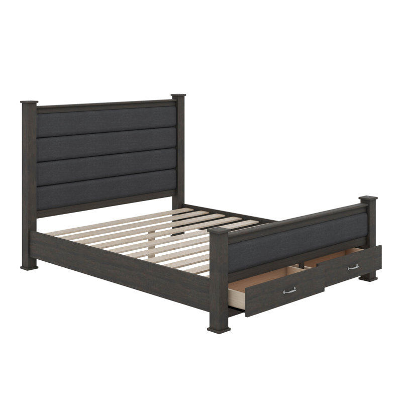 Grand lit plateforme en bois avec tête de lit, pied de lit et 2 tiroirs, Gris antique