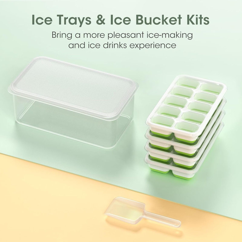 Bac à glaçons avec couvercle et bac, paquet de 4 plateaux à glaçons en plastique en silicone pour congélateur avec boîte / contenant, empilable avec ensembles de seaux glacés, cuillère, pour soupe, nourriture, cocktail, café