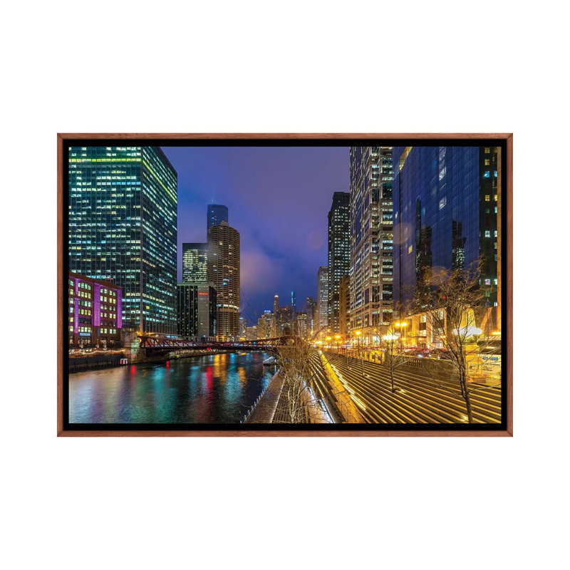 Chicago Lights 1 Piece Wall Art on Canvas, 66.04cm H x 101.6cm W x 3.81cm D, Classic Brown Wood Framed