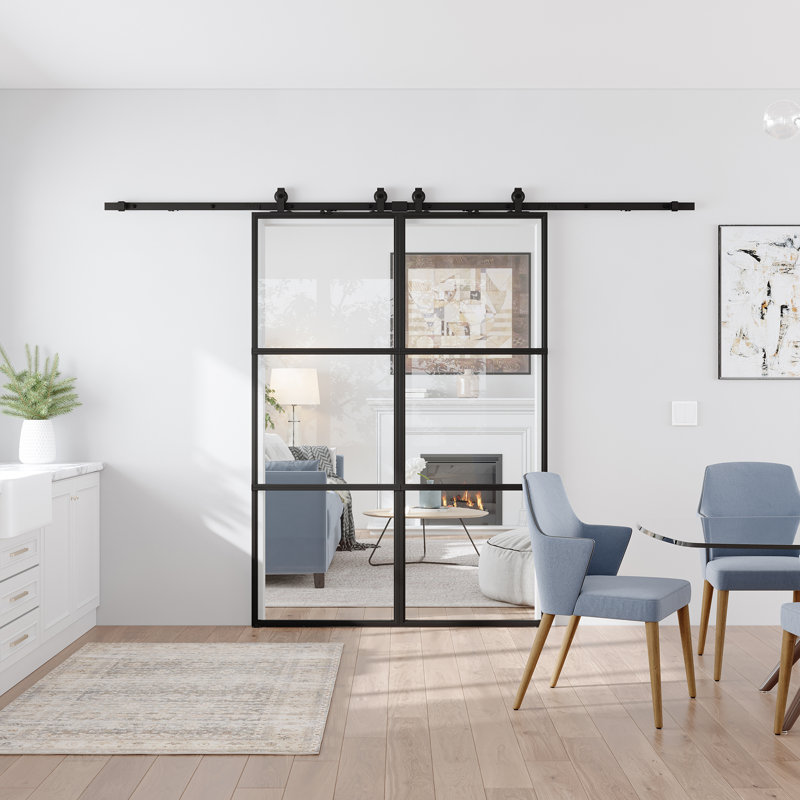 Metal and Glass Sliding Double Barn Door with Installation Hardware Kit (Soft-close Included), Clear Glass, 48" x 84"