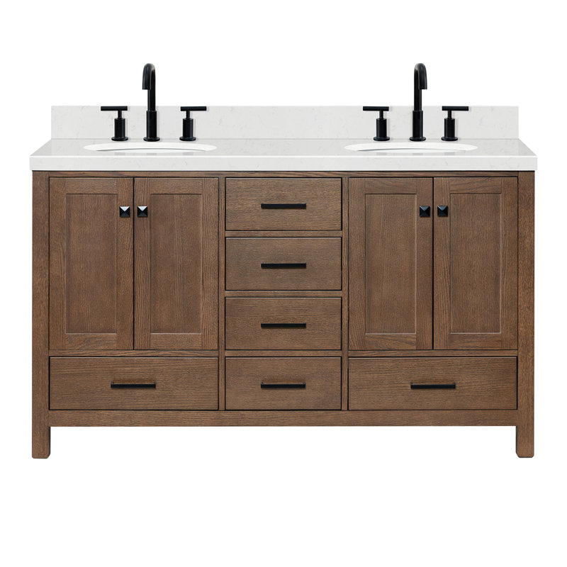 Ensemble de meuble-lavabo double 60,25 po avec plateau Amariani, Chêne brun / noir mat, Oval