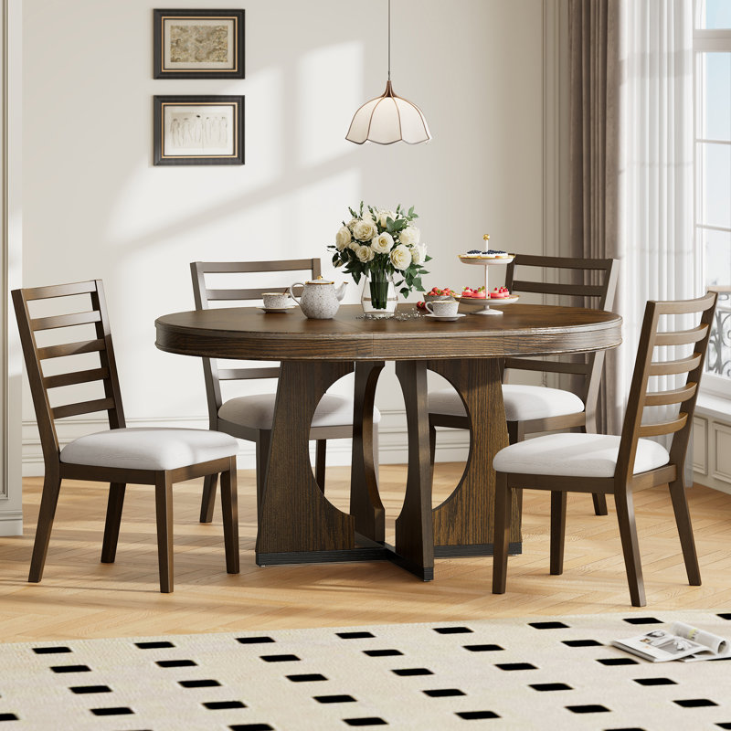 Hervey 5-Piece Retro Rustic Functional Dining Set Unique Geometric Design,Round Table Top with Leaf,dinning table set, Walnut