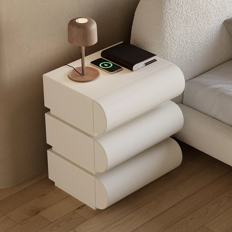 Modern White Leather Smart Nightstand with Wireless Charger and Drawers