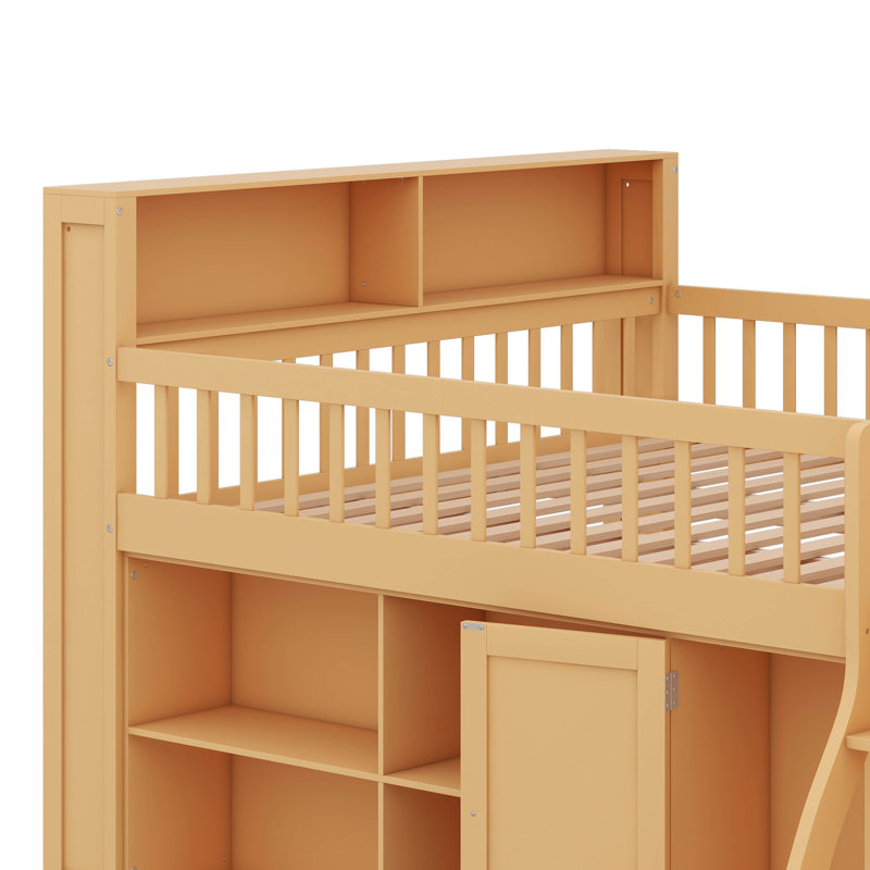 Lit mezzanine avec rangement intégré, tête de lit avec éclairage à DEL intégré, Grand lit, Naturel