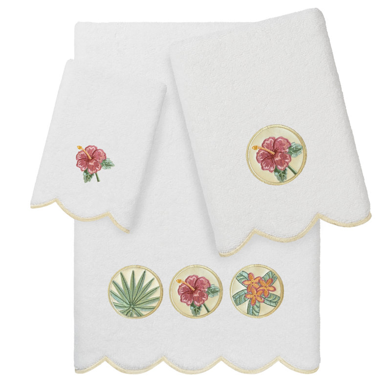  100% Turkish Cotton MAUI Scallop 3PC Embellished Towel Set, 3 Piece Towel Set, White/Beige