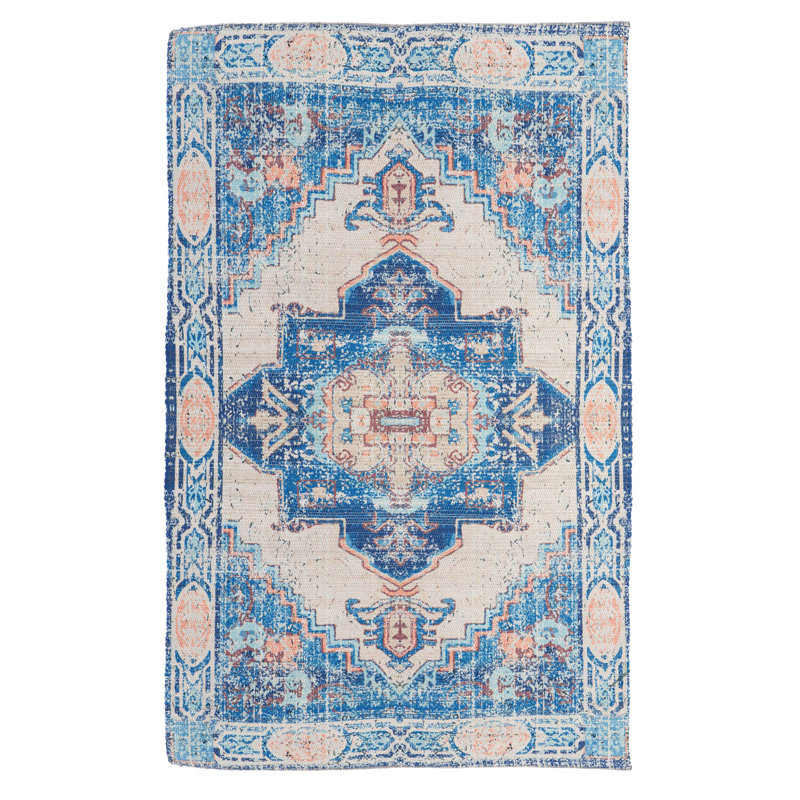 Blue and Coral Indoor/Outdoor Rug, 4'x6'