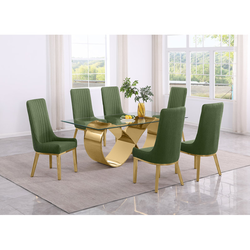 Ensemble de salle à manger en verre trempé avec chaises à dossier plissé, Vert, Doré