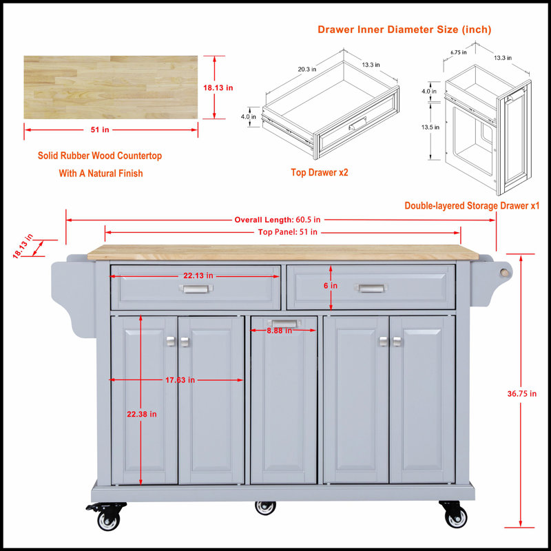 Durable Kitchen Island with Rubber Wood Countertop, Spacious Storage and Mobility for Modern Kitchens, Gray