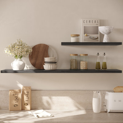  Grandes tablettes flottantes murales pour ensemble de 2 tablettes murales en bois de 30 po x 12,75 po x 2 po avec support mural invisible pour la chambre à coucher, la cuisine, le salon et le bois noir