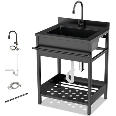 25" Heavy Duty Free Standing Utility Sink, Rubber Coated Basin, Painted Cast Iron Frame, Cold and Hot Water Pull-out Faucet, Multi-Purpose Laundry Sink for Workshop, Laundry Room, Garage, Greenhouse & Pet Care