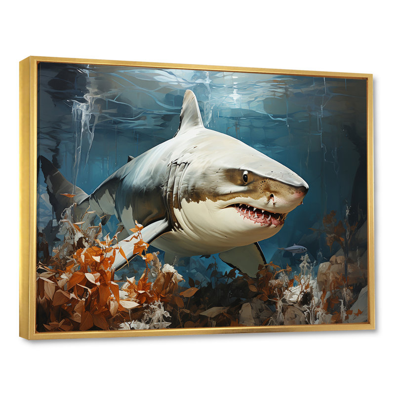 " Minimalism Shark Hunting ", 16" H x 32" W x 1" D, Gold Floater Framed