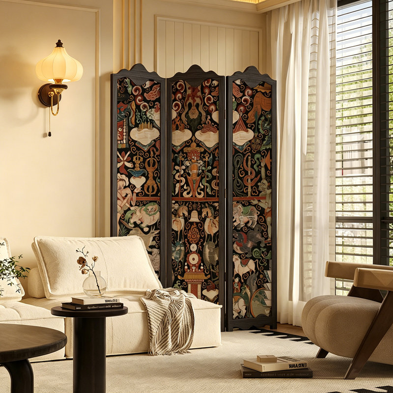 Mid-Century Tropical Southeast Asian Solid Wood Movable Folding Room Divider with Abstract Pattern