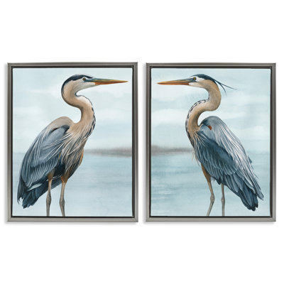 Detailed Heron Bird Duo 2 Piece Gray Framed Floater Canvas Set by Grace Popp