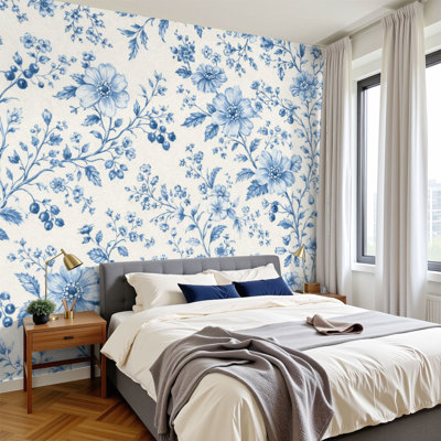 Peel and Stick Wallpaper 144" W x 100" H Modern Self Adhesive Wall Mural for Bedroom Blue Floral Botanical Vintage Cottage Style Cream