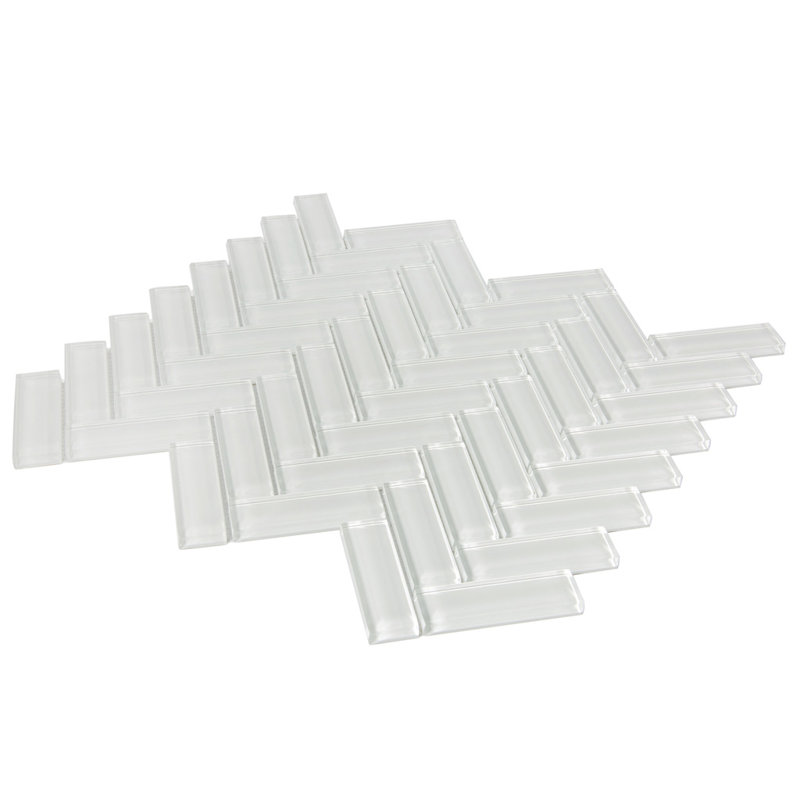 11"X 12.6" Herringbone Polished Glass Mosaic Tile, Ice White