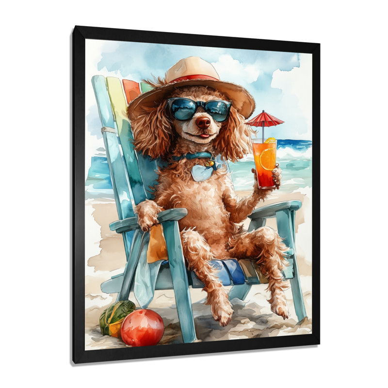 Caniche brun sur la plage relaxant, H 20 po x l 12 po x P 1 po, Toile encadrée noire simple