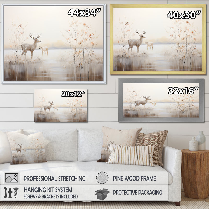 Décoration murale beige cerf en hiver - Animal côtier, H 12 po x l 20 po x P 1 po, Cadre photo blanc
