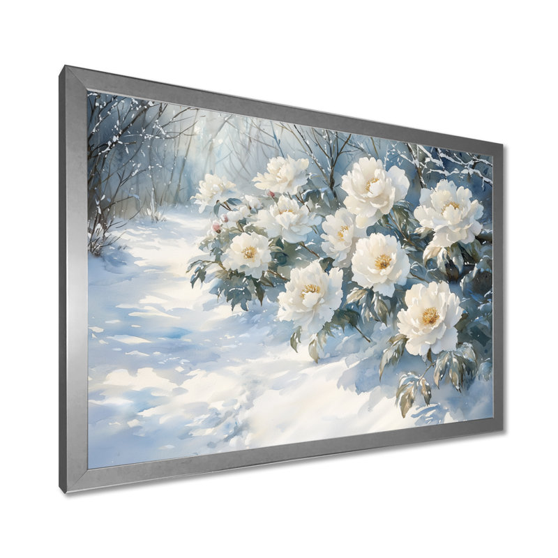 Makayla pivoines le long du sentier glacial I - pivoines, art mural pour le salon, Argent argent, H 30 po x l 40 po