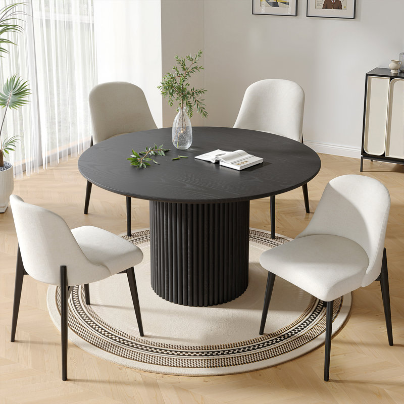 Modern Linen Fabric Upholstered Dining Chairs with Wood Legs, Black, 4, White