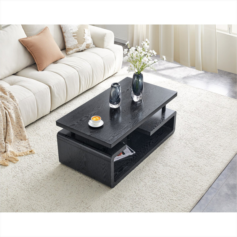 Table basse pour votre salon - conception rectangulaire à grain de bois noir de jais avec trois tablettes ouvertes